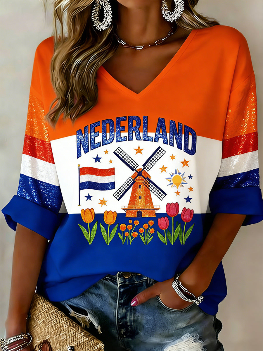 Dames T-shirt met koningsdagprint en V-hals