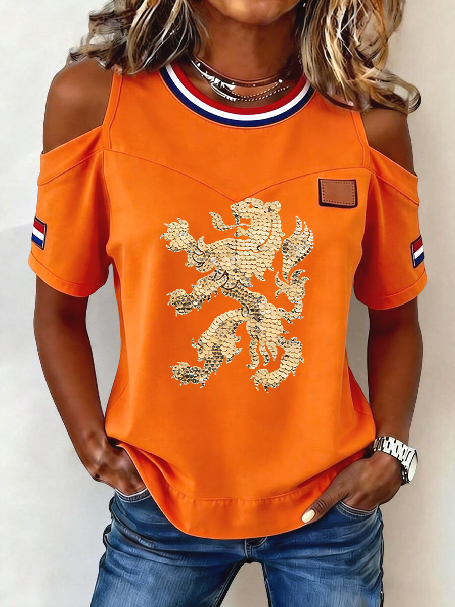 Damesretro Koningsdagleeuw casual schouderloos t-shirt