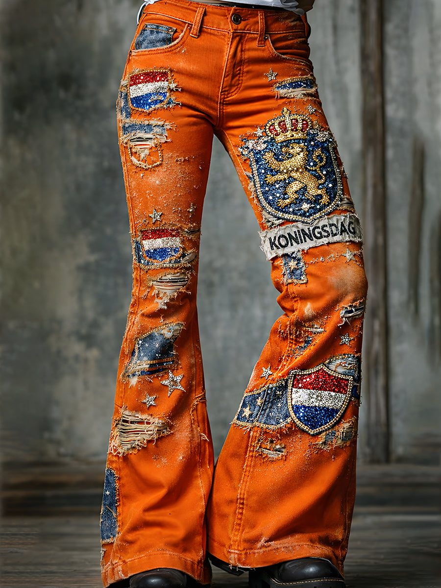 Damesbroeken in vintagestijl met uitlopende pijpen voor de Nederlandse Koningsdag-viering
