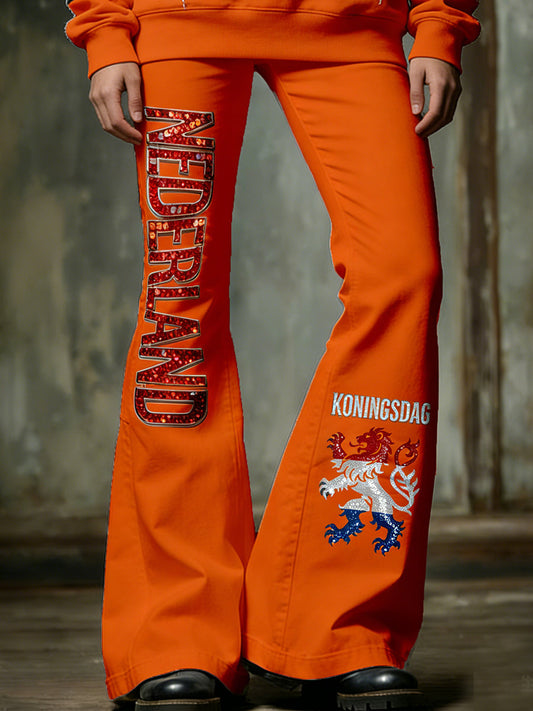 Damesbroeken in vintagestijl met uitlopende pijpen voor de Nederlandse Koningsdagviering
