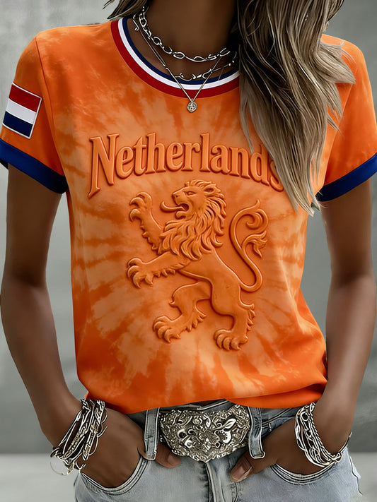 Dames Nederlandse Koningsdag Herdenking Kunst Print Patchwork T-shirt