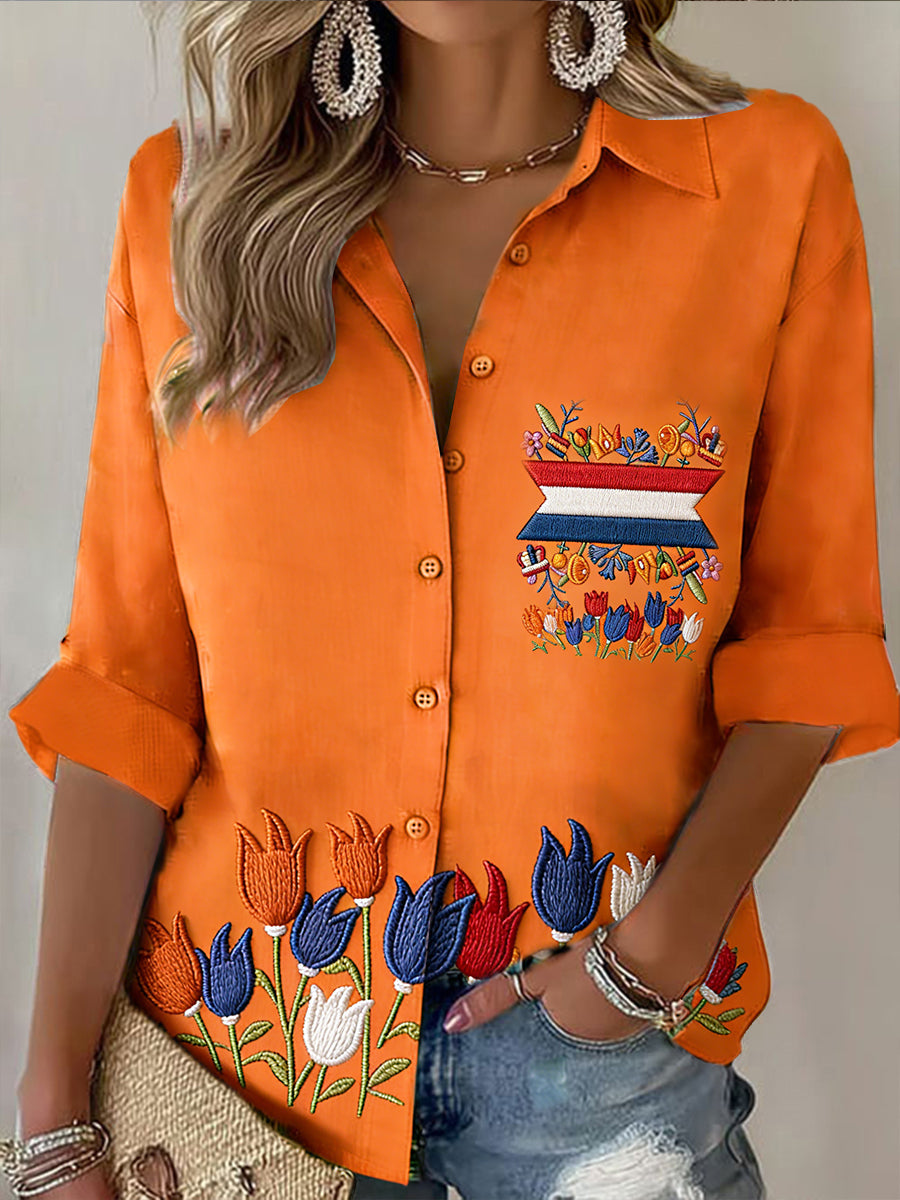 Dames Nederlandse Vlag Koningsdagprint Oranje Casual shirt met lange mouwen