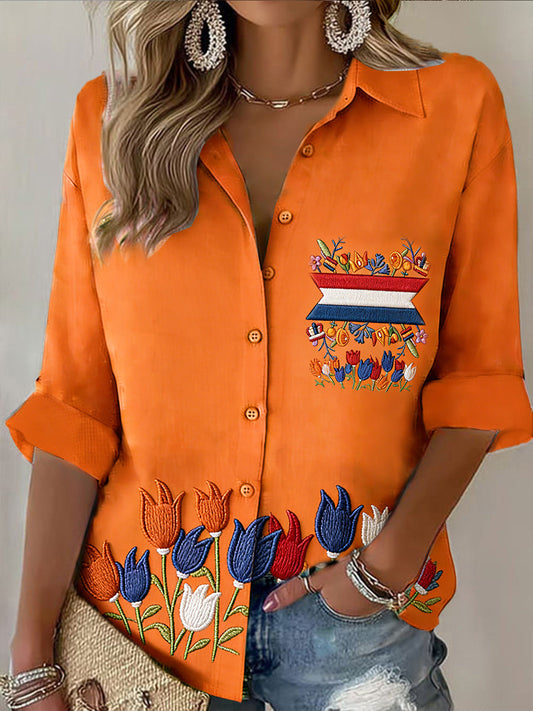 Dames Nederlandse Vlag Koningsdagprint Oranje Casual shirt met lange mouwen