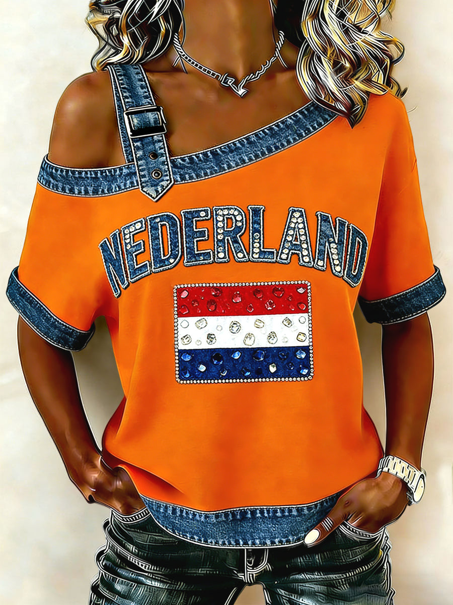 Dames retro koningsdag patchwork casual off-the-shoulder top