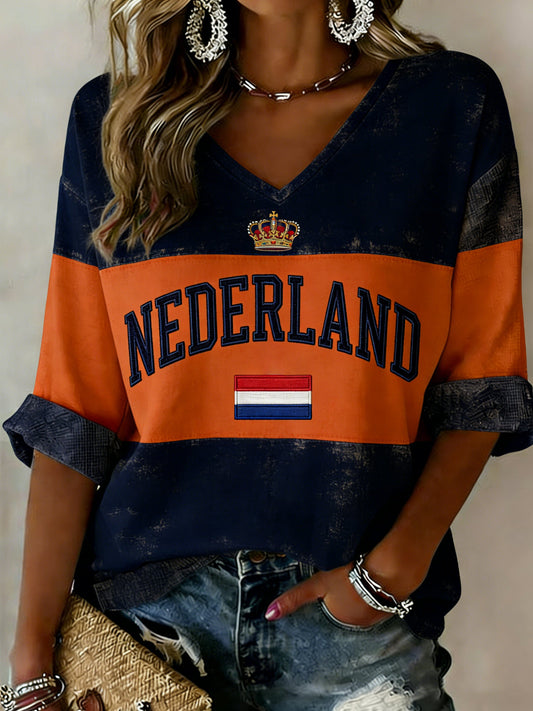 Damestop met V-hals en print met Koningsdag-thema
