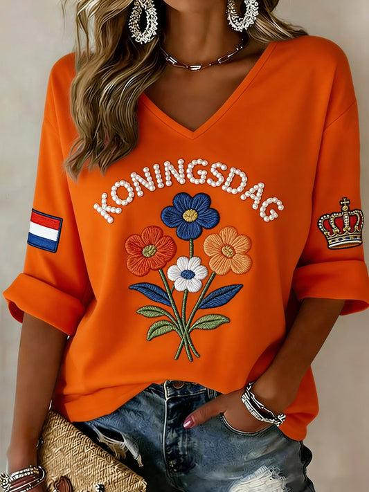 Damestop met V-hals en print met Koningsdag-thema
