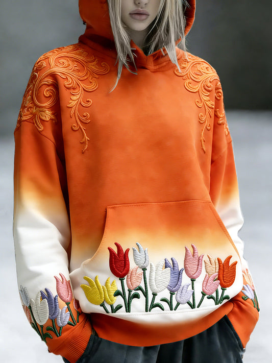 Dames Nederlandse Tulp Bloemen Koningsdag Gradiëntprint Casual V-hals Sweatshirt met capuchon