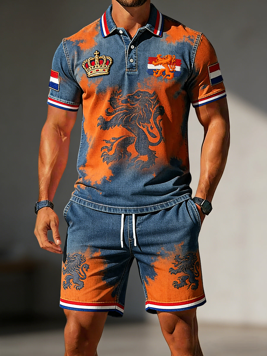 Retro King's Day casual poloshirt en korte broek voor heren
